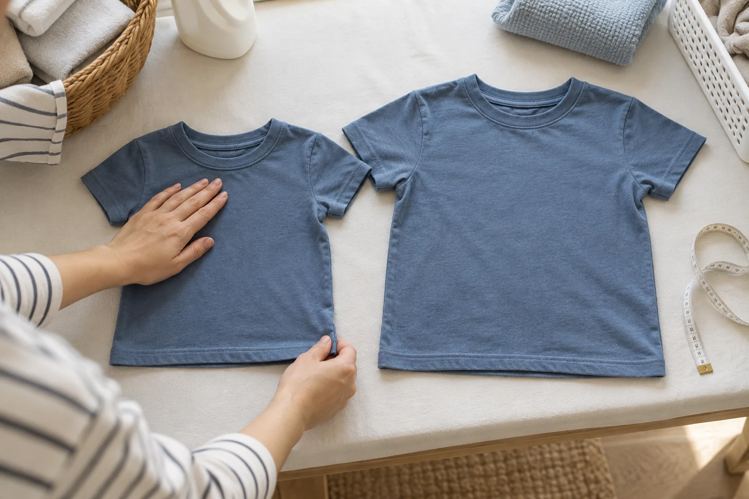 Tangan membandingkan ukuran dua kaos di permukaan datar