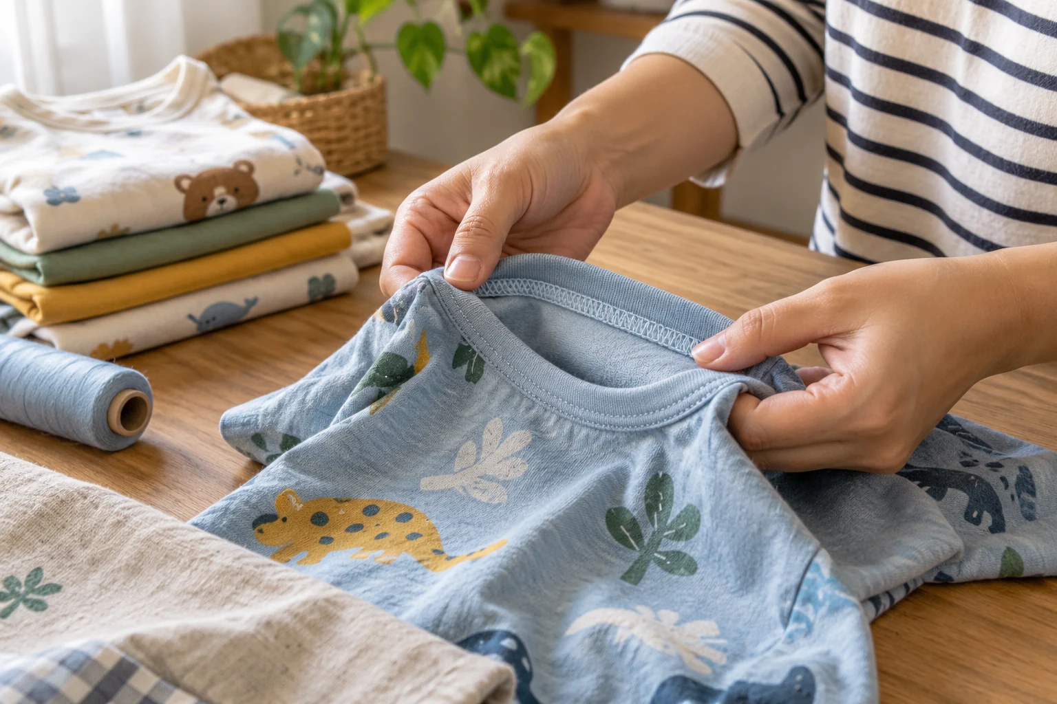 Tangan memeriksa sambungan jahitan kaos anak