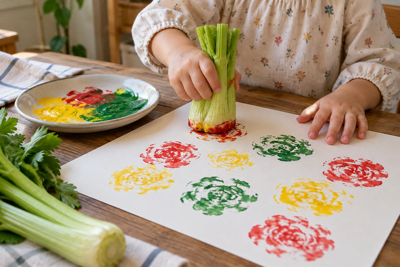 Tangan anak membuat cap bentuk sayur berwarna pada kertas
