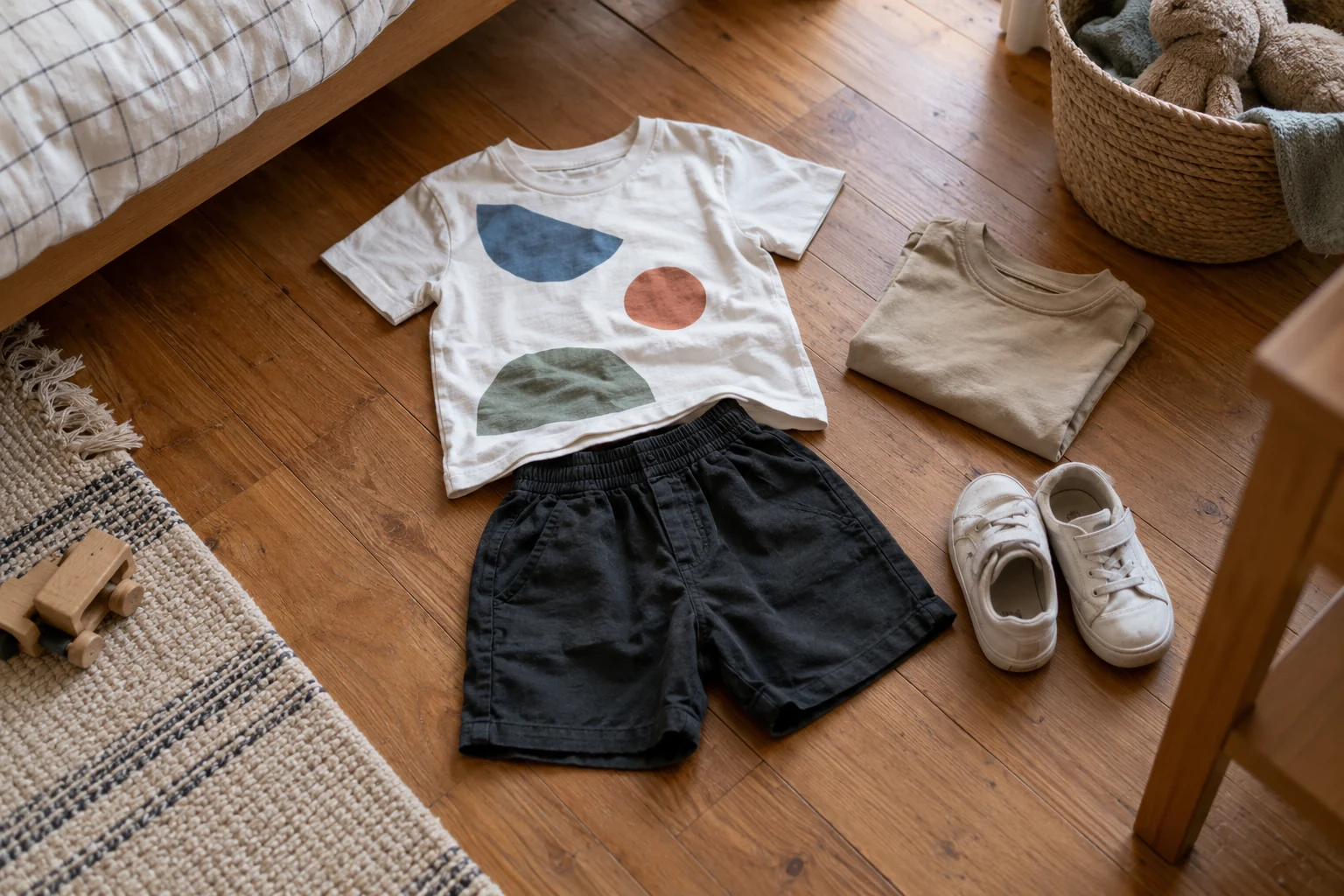 Padupadan kaos grafis, celana santai, dan sepatu anak di lantai kayu