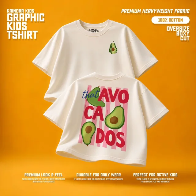 Kaos putih Kainora Kids motif Avocado, potongan oversize boxy