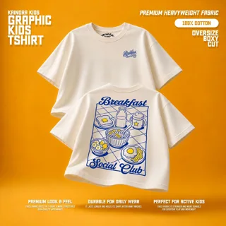 Kaos putih Kainora Kids motif Breakfast Club, potongan oversize boxy