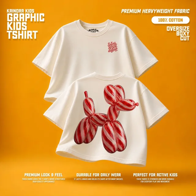Kaos putih Kainora Kids motif Candy, potongan oversize boxy