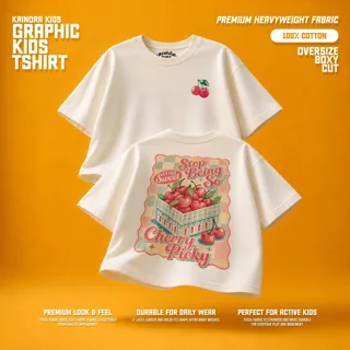 Kaos putih Kainora Kids motif Cherry Pick, potongan oversize boxy