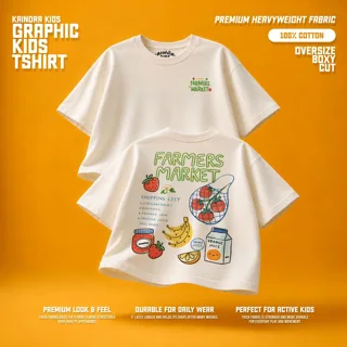 Kaos putih Kainora Kids motif Farmers Market, potongan oversize boxy