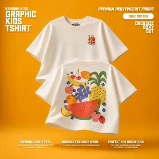 Kaos putih Kainora Kids motif Fruit Basket, potongan oversize boxy