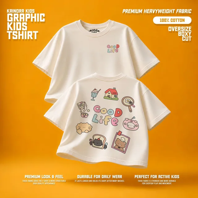 Kaos putih Kainora Kids motif Good Life, potongan oversize boxy