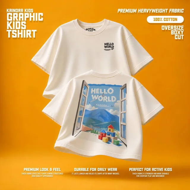Kaos putih Kainora Kids motif Hello World, potongan oversize boxy