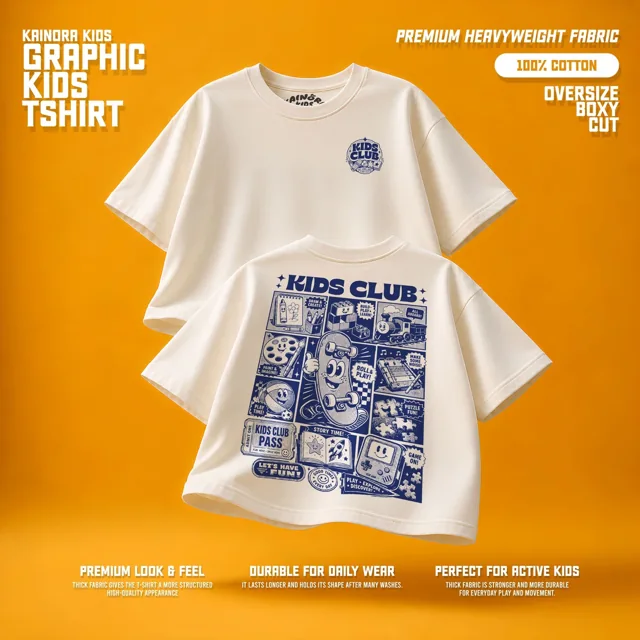 Kaos putih Kainora Kids motif Kids Club, potongan oversize boxy