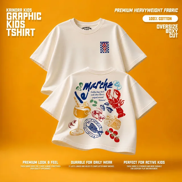 Kaos putih Kainora Kids motif Le Marché, potongan oversize boxy