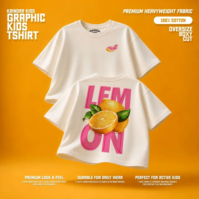Kaos putih Kainora Kids motif Lemon, potongan oversize boxy
