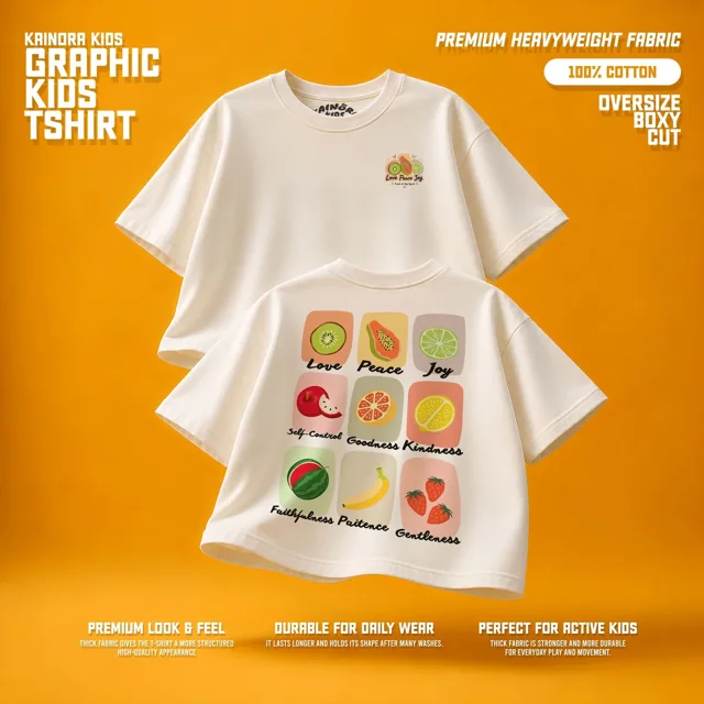 Kaos putih Kainora Kids motif Love Peach, potongan oversize boxy