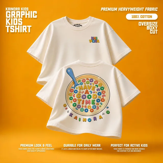 Kaos putih Kainora Kids motif Mangkok, potongan oversize boxy