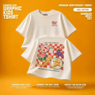 Kaos putih Kainora Kids motif Picnic Time, potongan oversize boxy