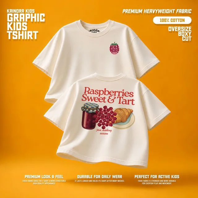 Kaos putih Kainora Kids motif Raspberry, potongan oversize boxy