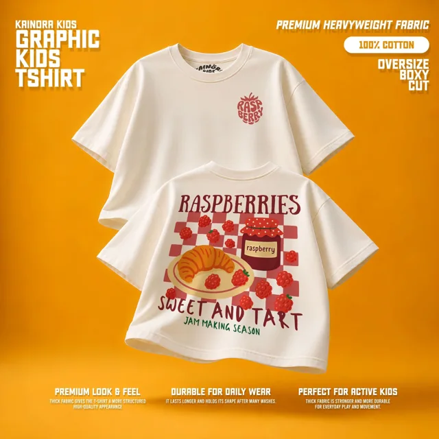 Kaos putih Kainora Kids motif Raspberry Tart, potongan oversize boxy