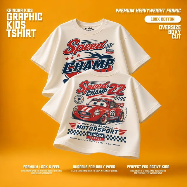 Kaos putih Kainora Kids motif Speed Champ, potongan oversize boxy