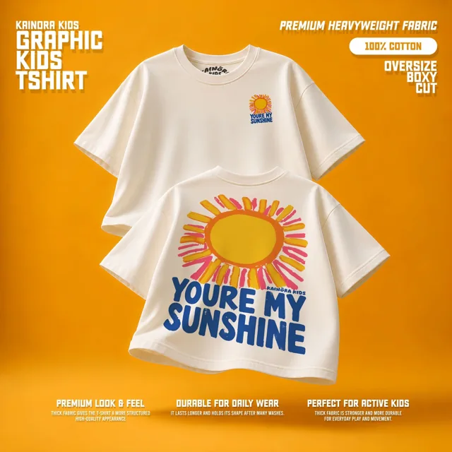 Kaos putih Kainora Kids motif Sunshine, potongan oversize boxy