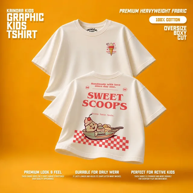 Kaos putih Kainora Kids motif Sweet Scoops, potongan oversize boxy