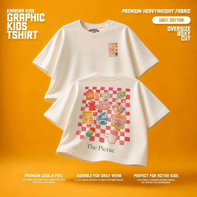Kaos putih Kainora Kids motif The Picnic, potongan oversize boxy