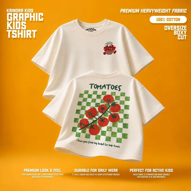Kaos putih Kainora Kids motif Tomatoes, potongan oversize boxy